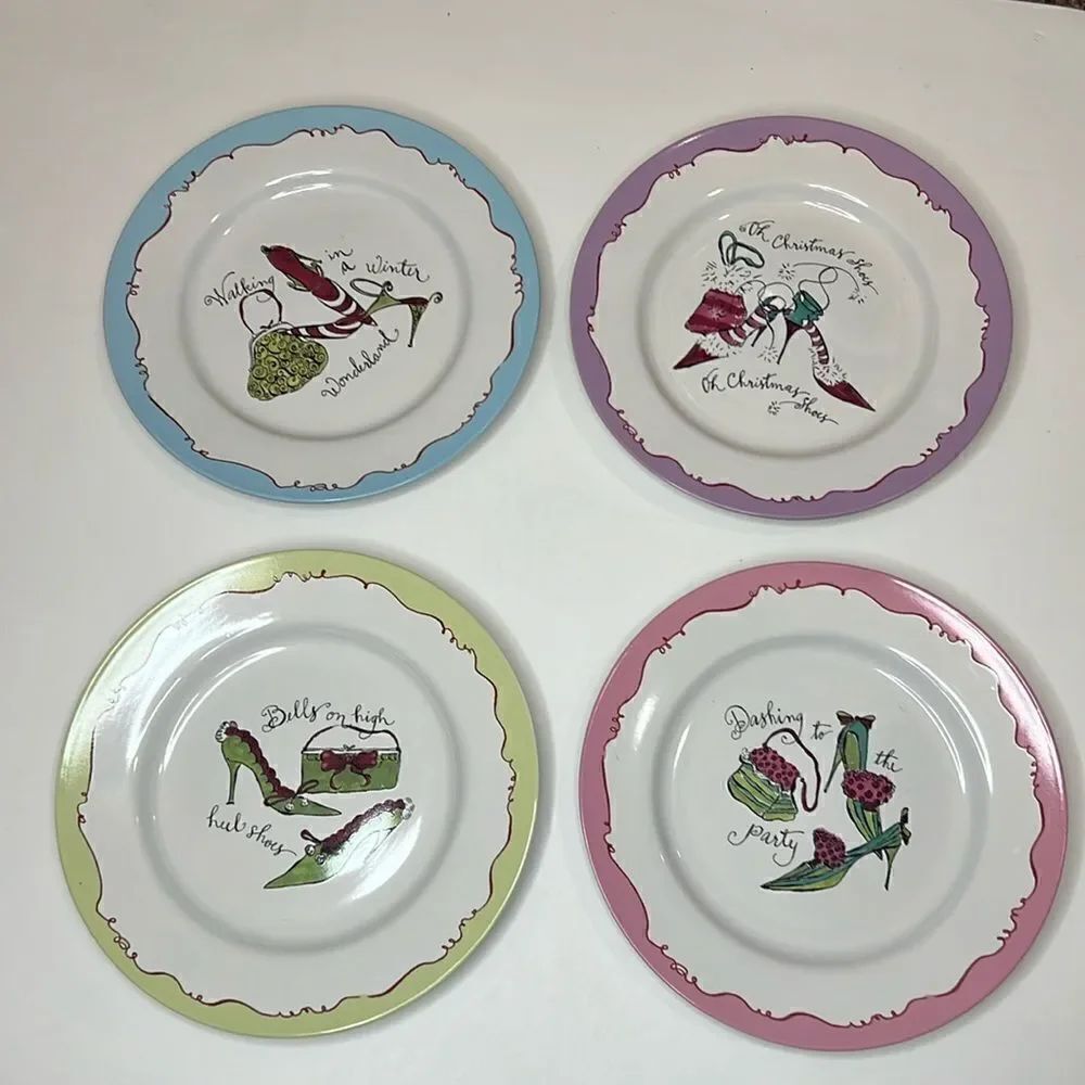 Rosanna Christmas Holiday Shoes Bells Party Salad Dessert Plates 8 1/4 In Set 4